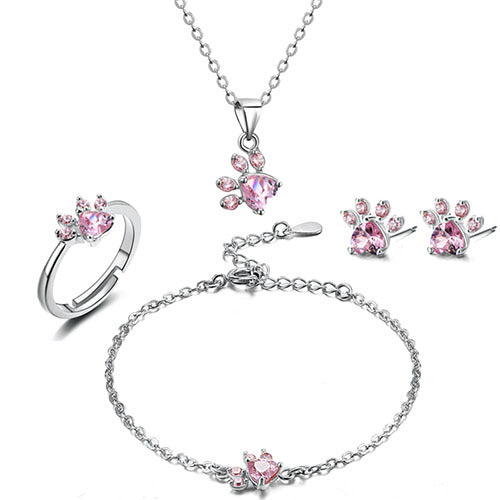 Rose Gold Paw Jewelry Set ā 4 Pieces with Zirconia Heart (Ring, Necklace, Earrings, Bracelet)