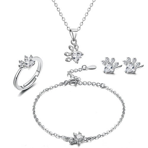 Rose Gold Paw Jewelry Set ā 4 Pieces with Zirconia Heart (Ring, Necklace, Earrings, Bracelet)