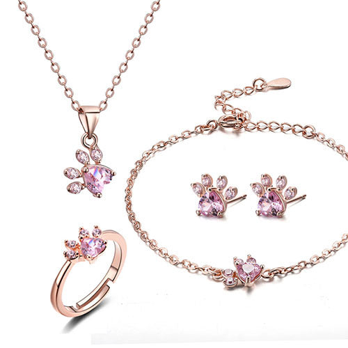 Rose Gold Paw Jewelry Set ā 4 Pieces with Zirconia Heart (Ring, Necklace, Earrings, Bracelet)