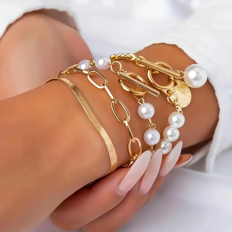Chic Gold 4-Piece Bracelet Set - Snake, Pearls & Links | Gold