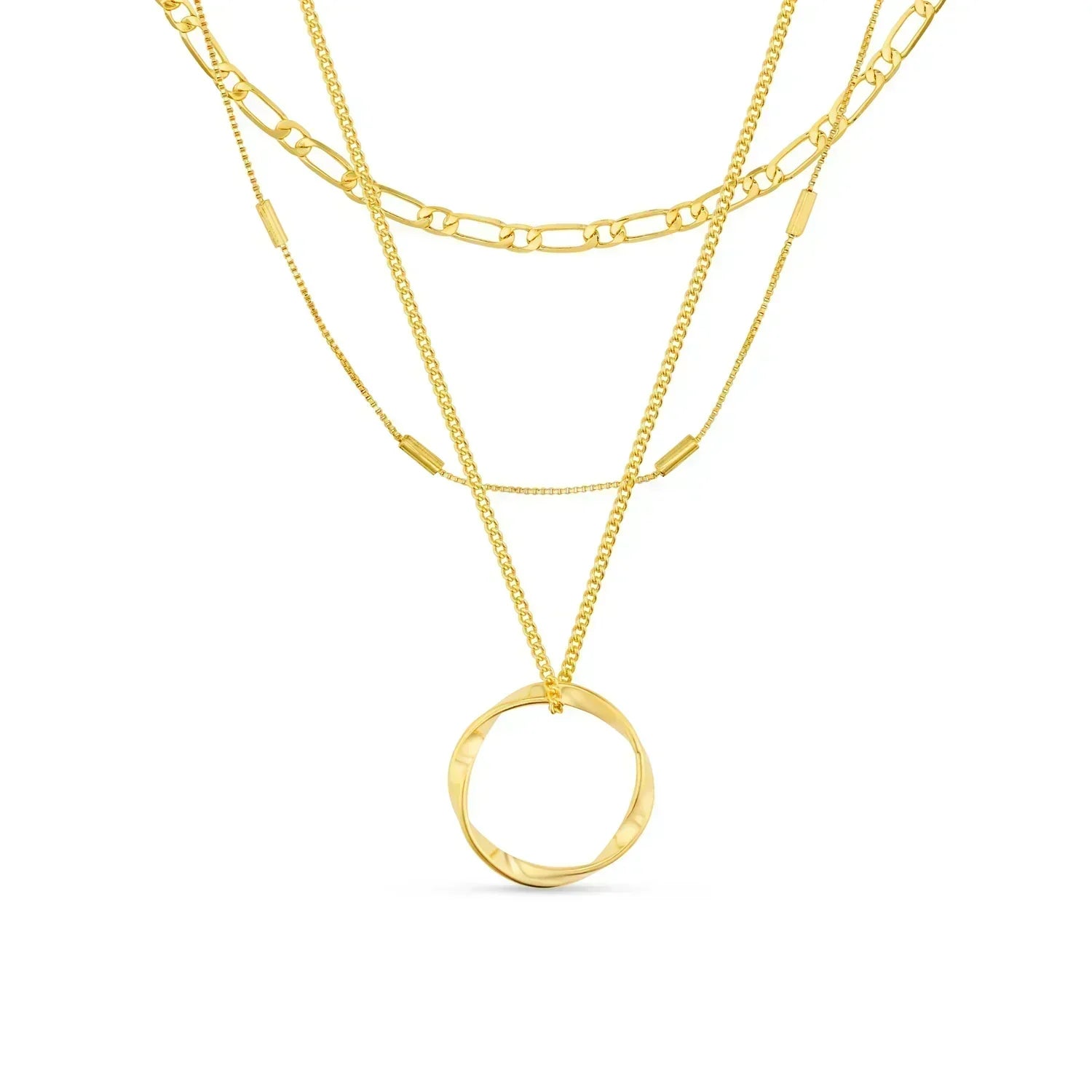 Three-row gold open round necklace