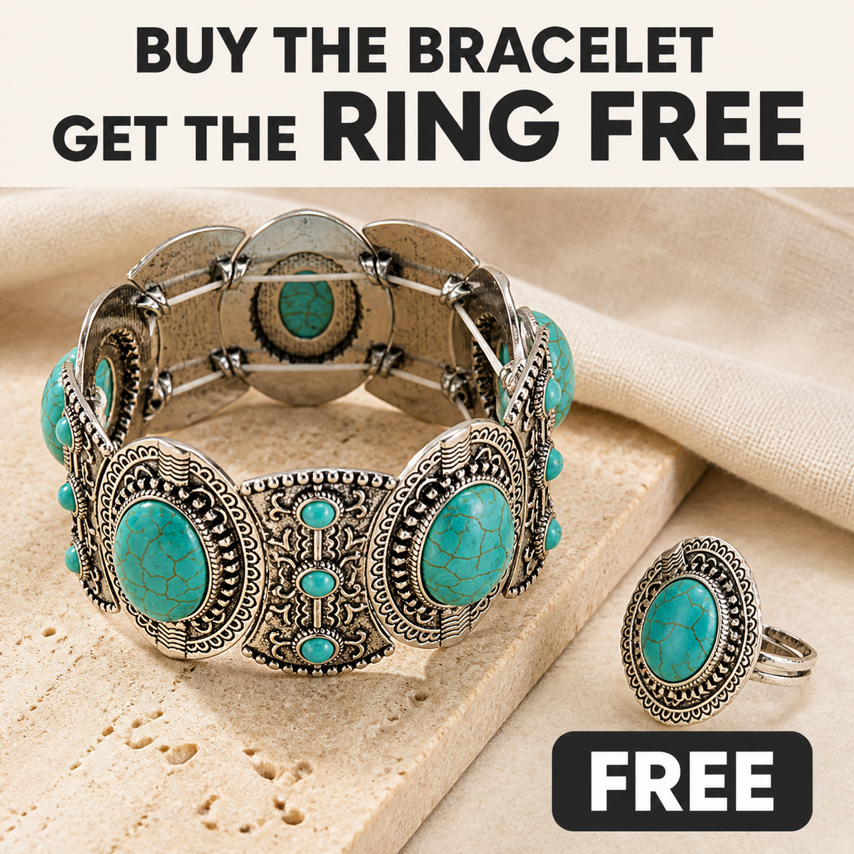 Vintage Turquoise Statement Bracelet + FREE Matching Ring