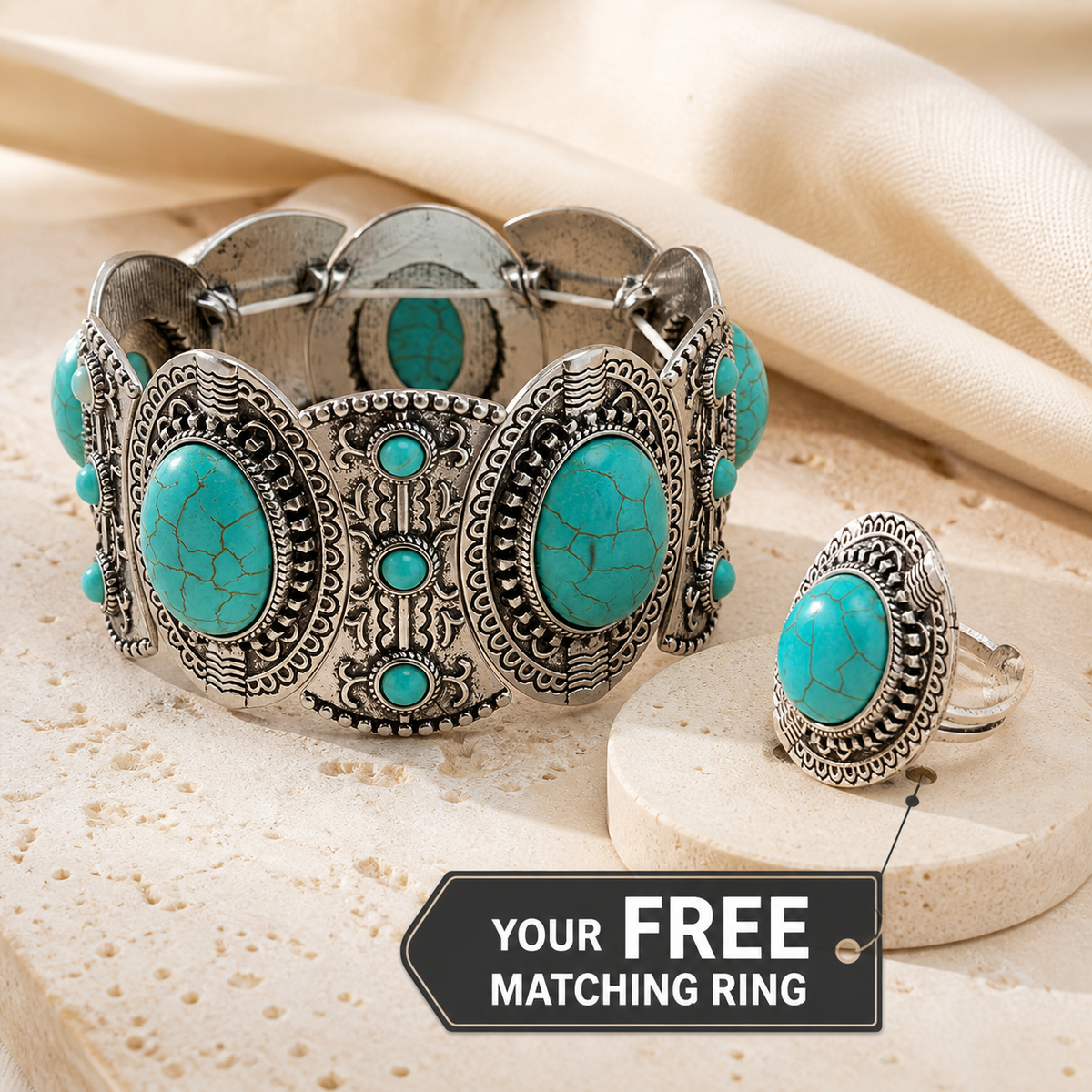 Vintage Turquoise Statement Bracelet + FREE Matching Ring