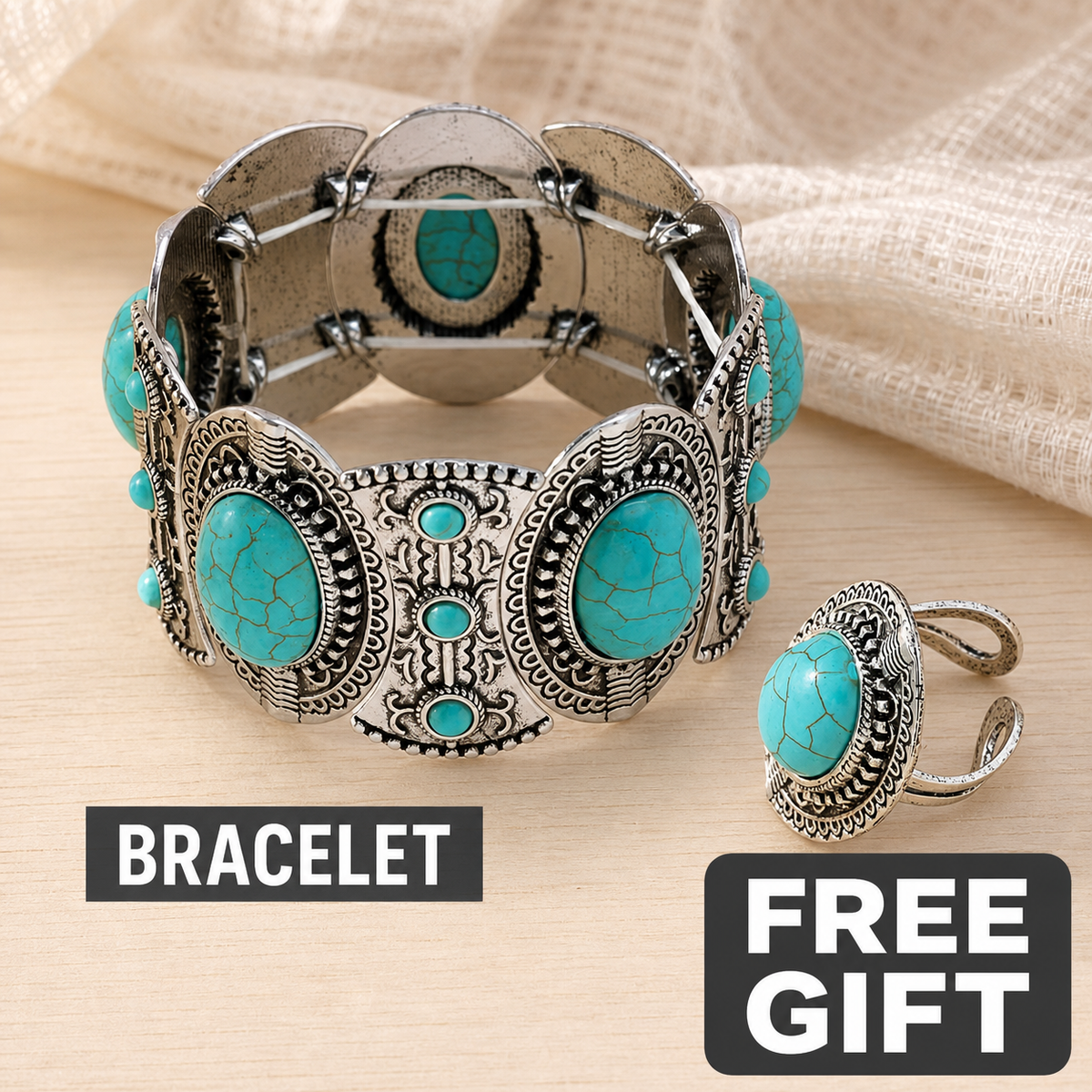 Vintage Turquoise Statement Bracelet + FREE Matching Ring