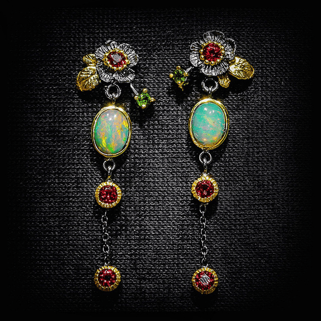 Boho Earrings With Opal And Red Zirconia