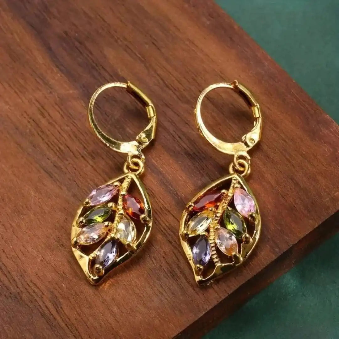 Vintage Gold Leaf Colorful Earrings