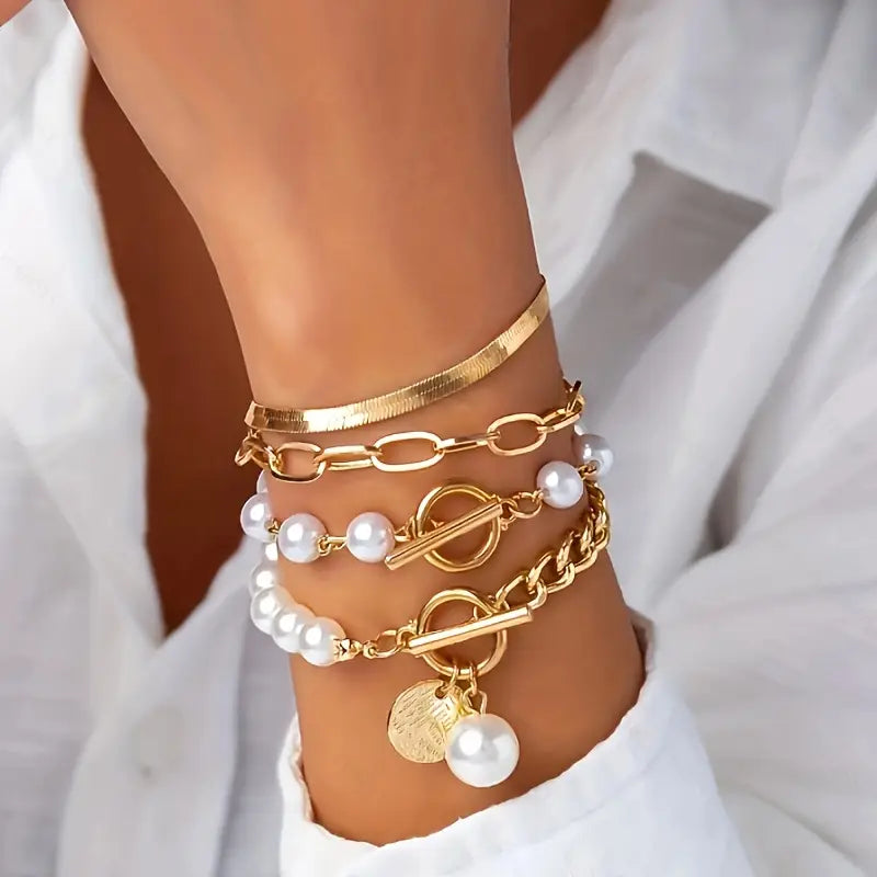 Chic Gold 4-Piece Bracelet Set - Snake, Pearls & Links | Gold