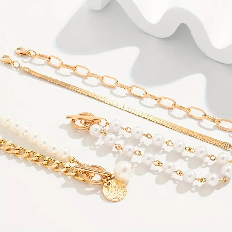 Chic Gold 4-Piece Bracelet Set - Snake, Pearls & Links | Gold