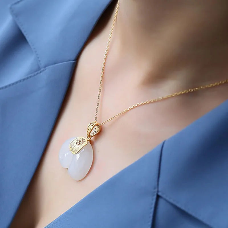 Hetian Jade Elephant Pendant Necklace – 18K Gold Plated Chain for Women