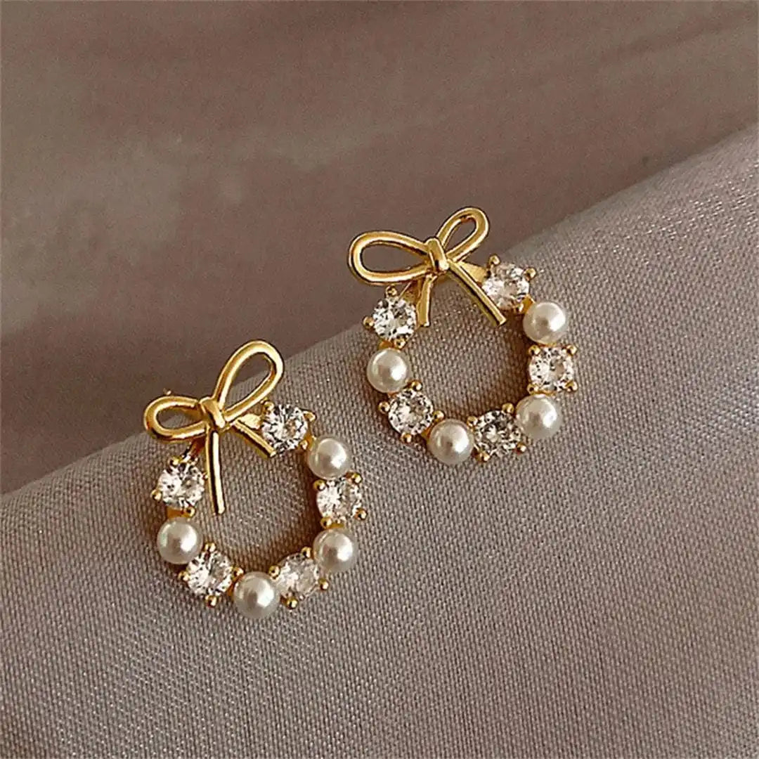 Bow Pearl Circle Stud Earrings