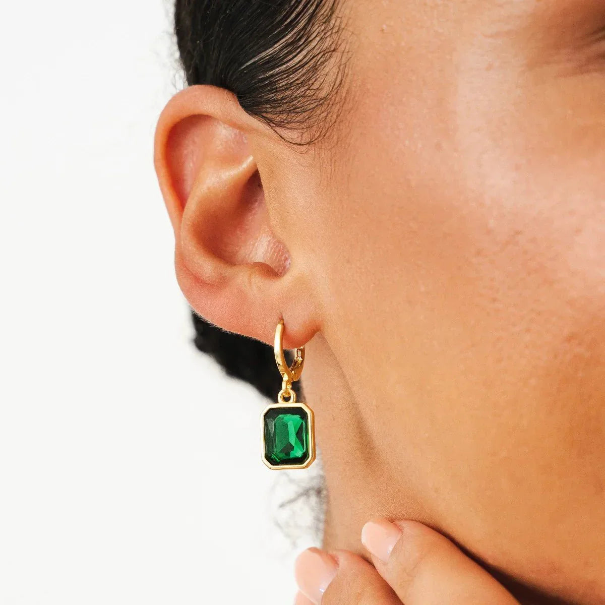 Green Crystal Hoop Earrings 18K Gold Plated
