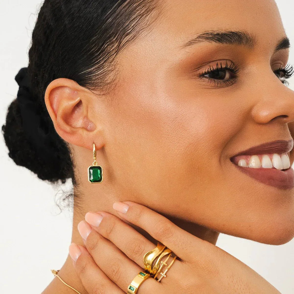 Green Crystal Hoop Earrings 18K Gold Plated