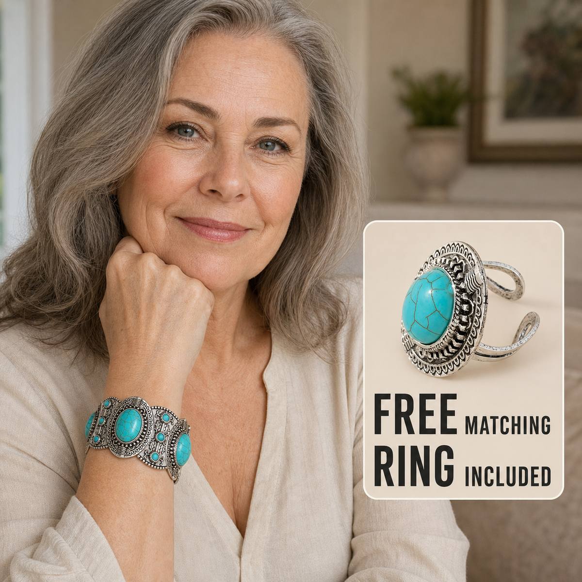 Vintage Turquoise Statement Bracelet + FREE Matching Ring