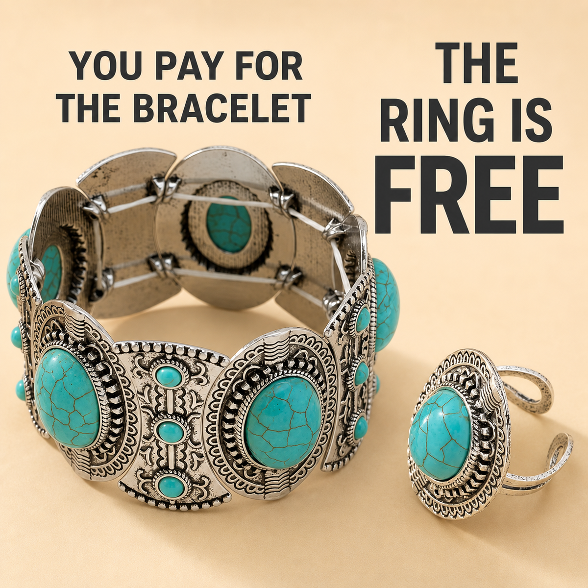 Vintage Turquoise Statement Bracelet + FREE Matching Ring