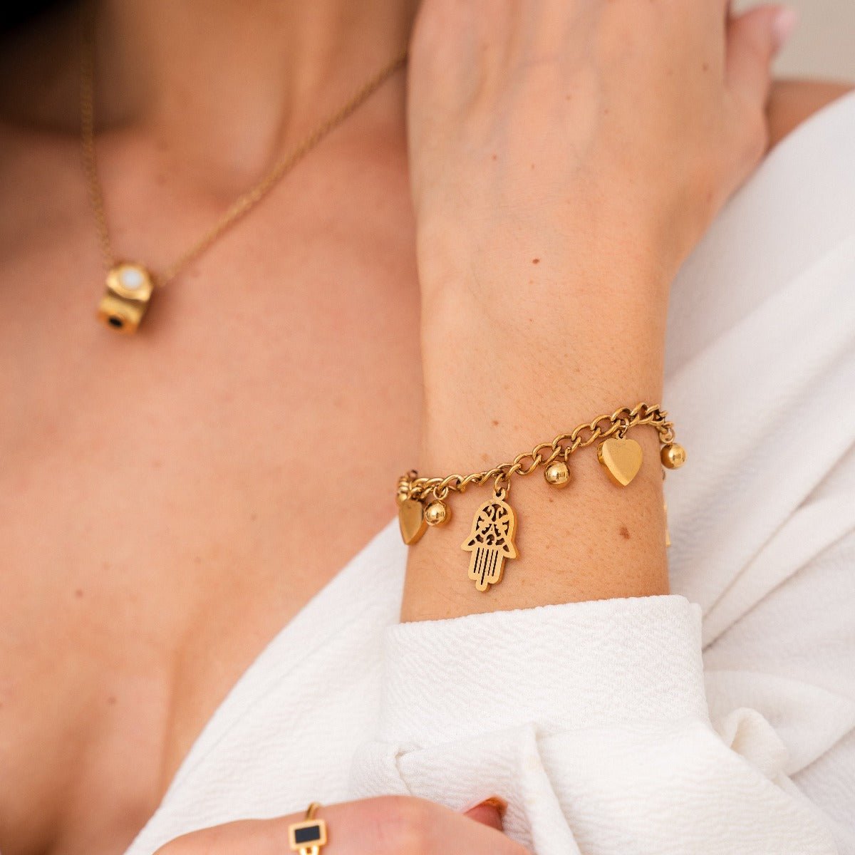 Heart and Hamsa Link Bracelet 18K Gold Plated
